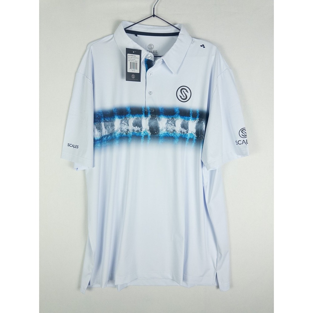 NWT Scales Hoo Stripe‎ Polo Shirt Mens XL White Blue Performance Stretch Coastal